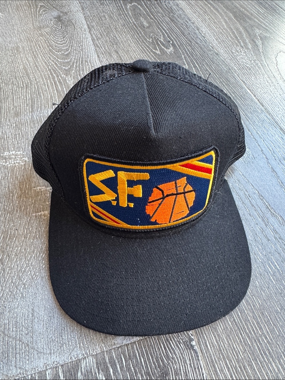 BART Bridge Black Trucker Hat with Orange & Navy SF Basketball Patch 0647